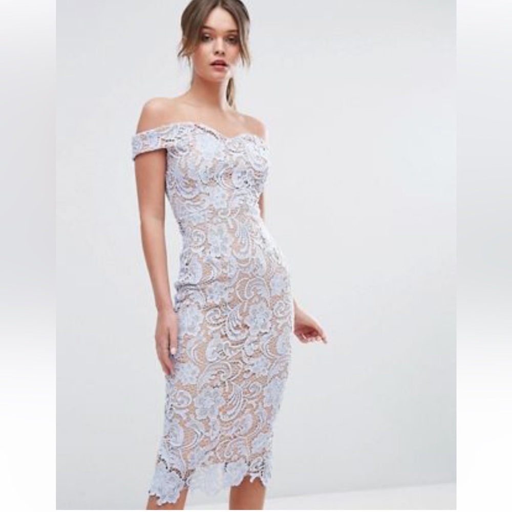 Boohoo lace off the shoulder midi pencil dress